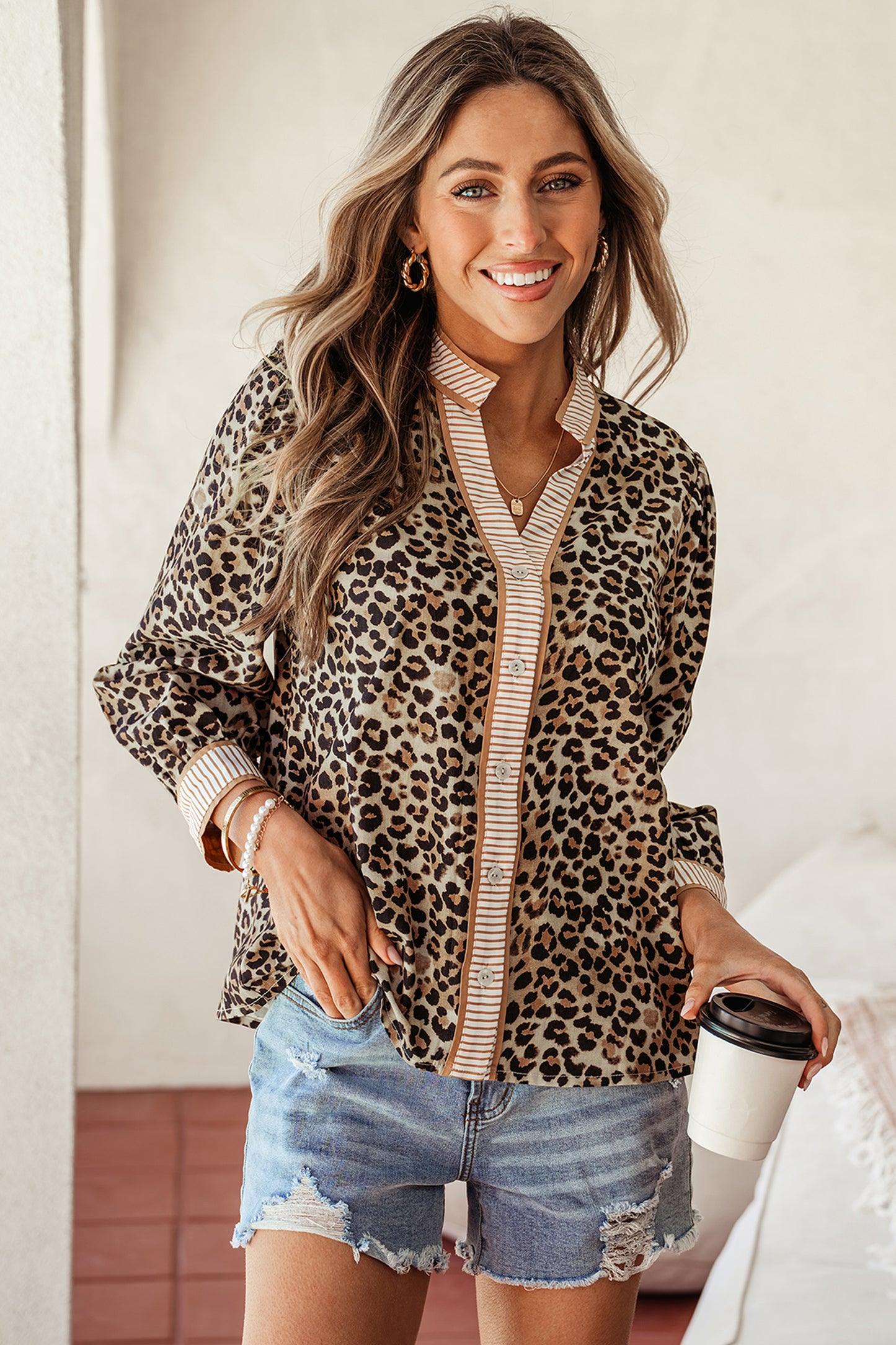 Khaki Contrast Striped Trim V Neck Leopard Shirt