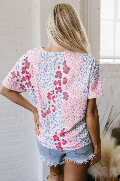 Leopard Print V Neck Short Sleeve Blouse