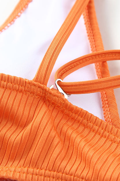 Sky Blue Adjustable Straps Ribbed Knit One Piece Swimsuit