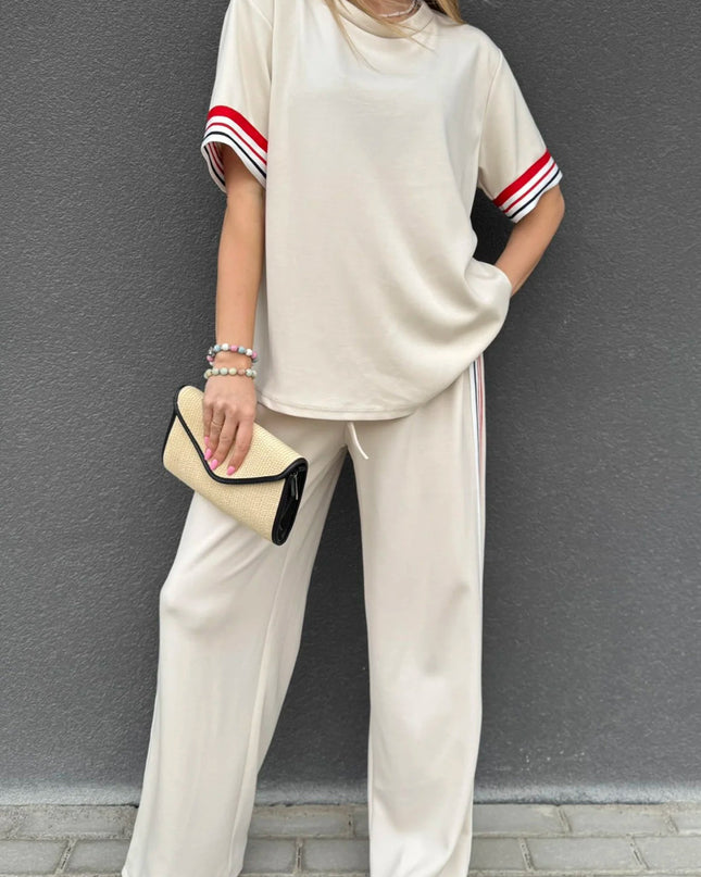 Jet Stream Contrast Striped Trim Crewneck T Shirt Loose Straight Pants Set