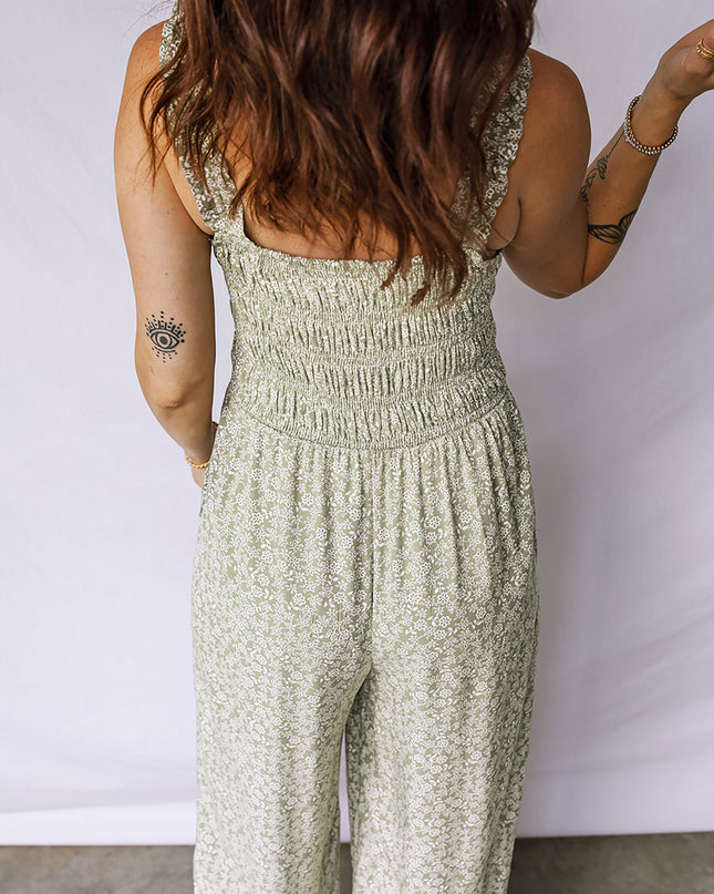 Green Smocked Bodice Square Neck Sleeveless Floral Jumpsuit