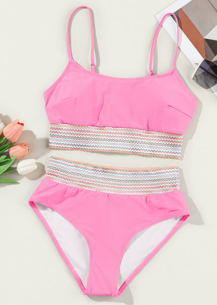 Peach Blossom Striped Patchwork Spaghetti Strap High Waist Bikini Swimsuit