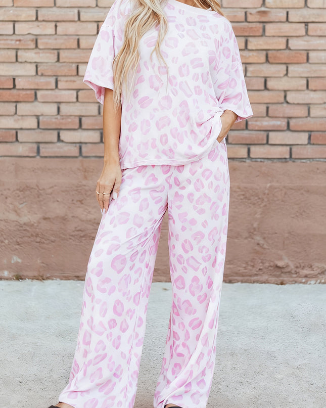 Pink Leopard Two Piece Top and Pants Set