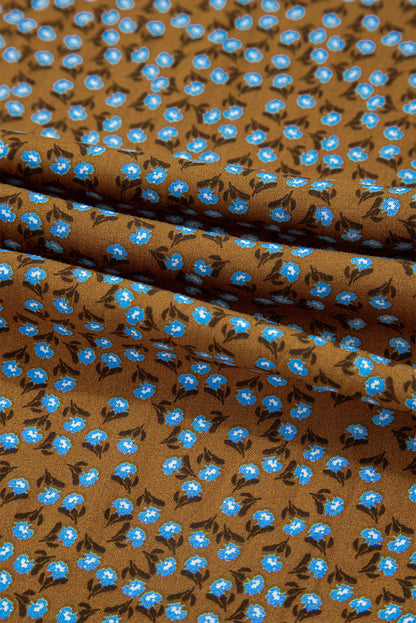 Brown Floral Print Western Smocked Bodice Square Neck Wide Leg Jumpsuit