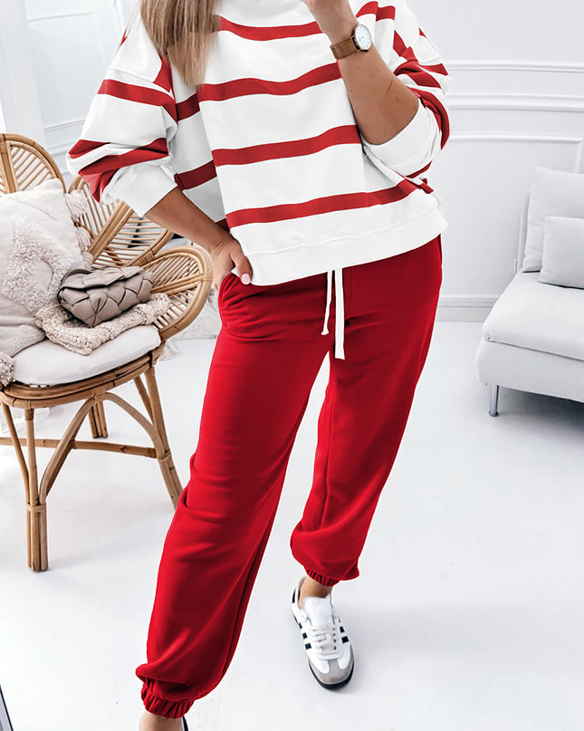 Brown Stripe Striped Drop Shoulder Pullover and Jogger Pants Set