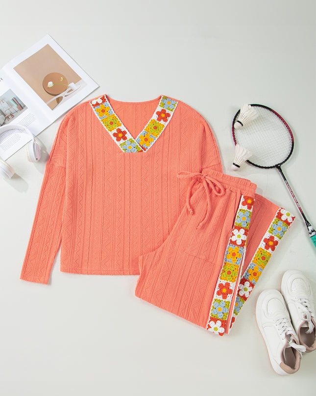 Grapefruit Orange Crochet Floral Accent V Neck Textured Pants Set