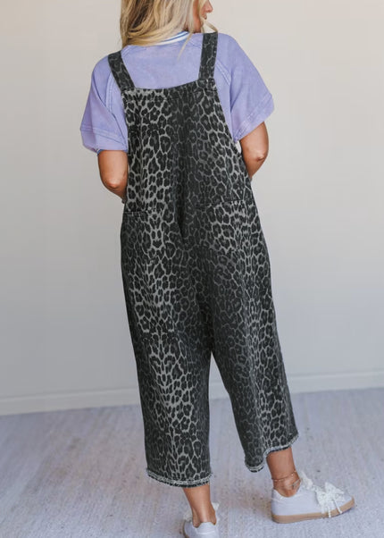Gray Leopard Print Button Adjustable Straps Cropped Loose Denim Overalls