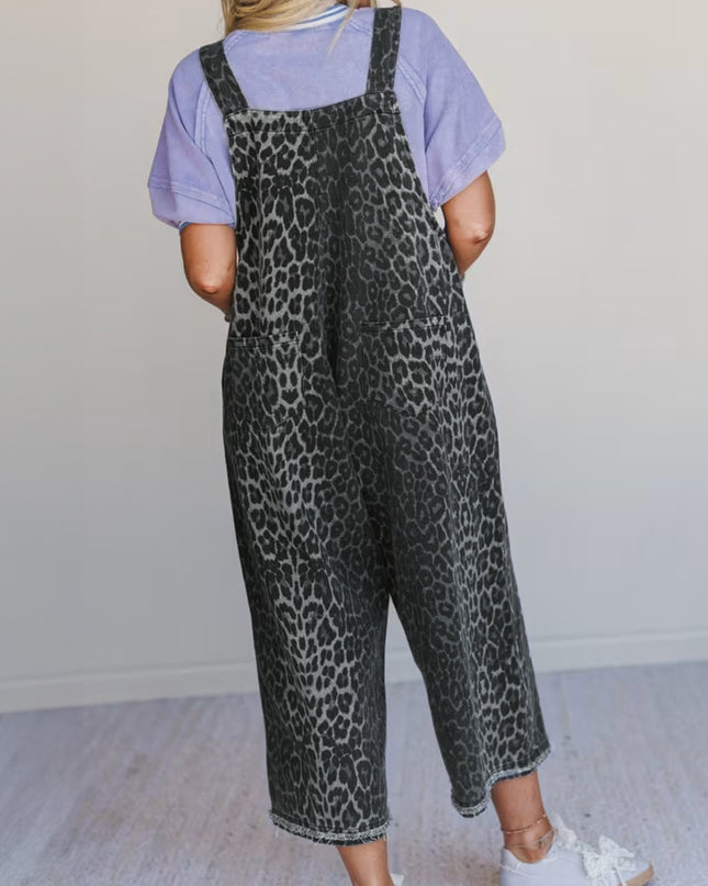 Gray Leopard Print Button Adjustable Straps Cropped Loose Denim Overalls