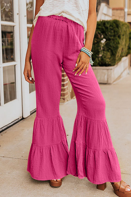 Rose Textured High Waist Ruffled Bell Bottom Pants