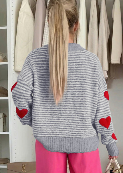 Gray Stripe Contrast Heart Pattern Valentine Knit Sweater