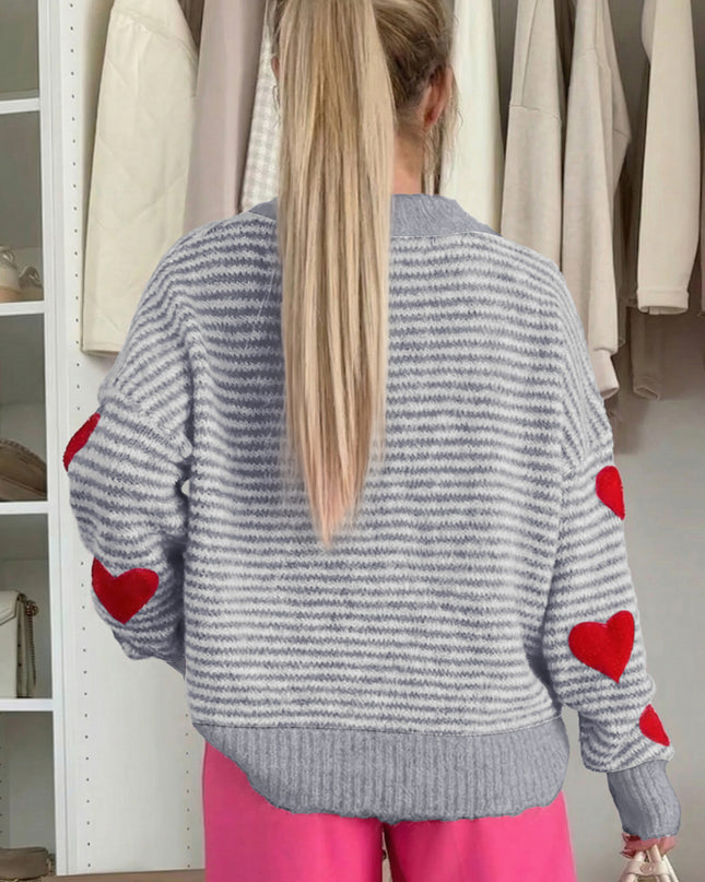 Gray Stripe Contrast Heart Pattern Valentine Knit Sweater