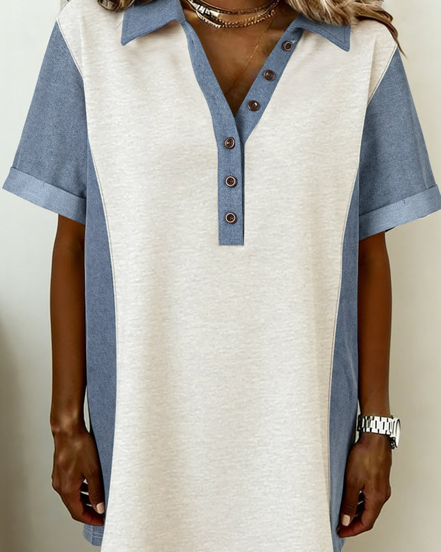 Light Grey Denim Color Block Patchwork Button Polo Collar T Shirt Tunic Dress