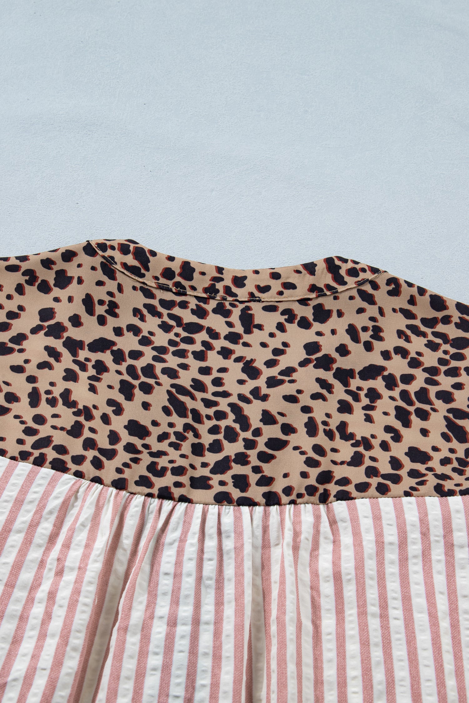 Sky Blue Stripe Leopard Trim V Neck Button Down Half Sleeve Shirt