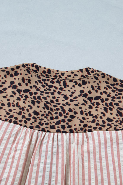 Sky Blue Stripe Leopard Trim V Neck Button Down Half Sleeve Shirt