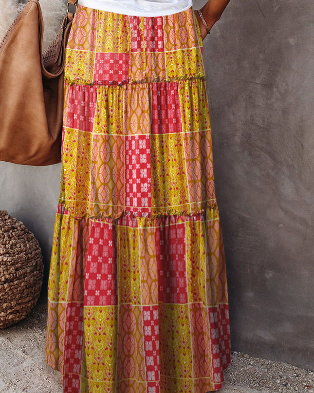 Purple Tiered Paisley Print Pocketed Maxi Skirt