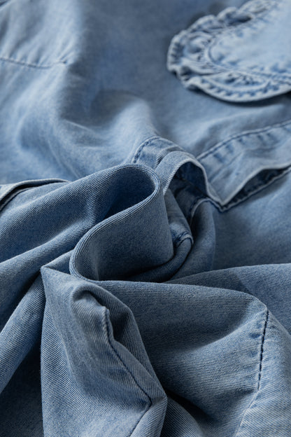 Beau Blue Ruffled Peter Pan Collar Western Denim Shirt