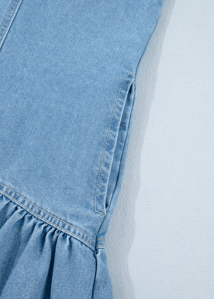 Beau Blue Button Down Short Puff Sleeve Ruffle Hem Patchwork Denim Dress