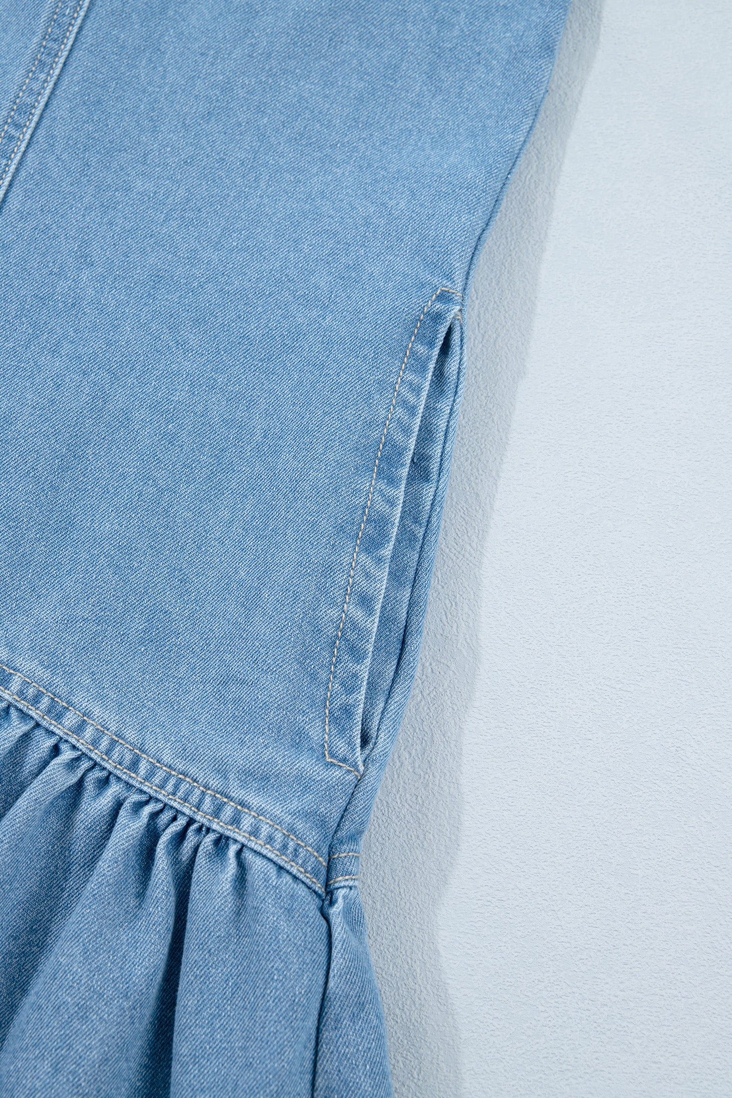 Beau Blue Button Down Short Puff Sleeve Ruffle Hem Patchwork Denim Dress