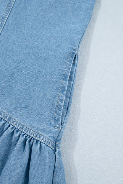 Beau Blue Button Down Short Puff Sleeve Ruffle Hem Patchwork Denim Dress