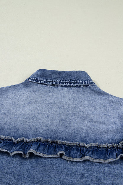 Dusk Blue Vintage Wash Denim Ruffle Detail Button Down Shirt