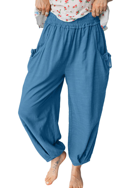 Prussian Blue Smocked Waist Casual Jogger Style Pants