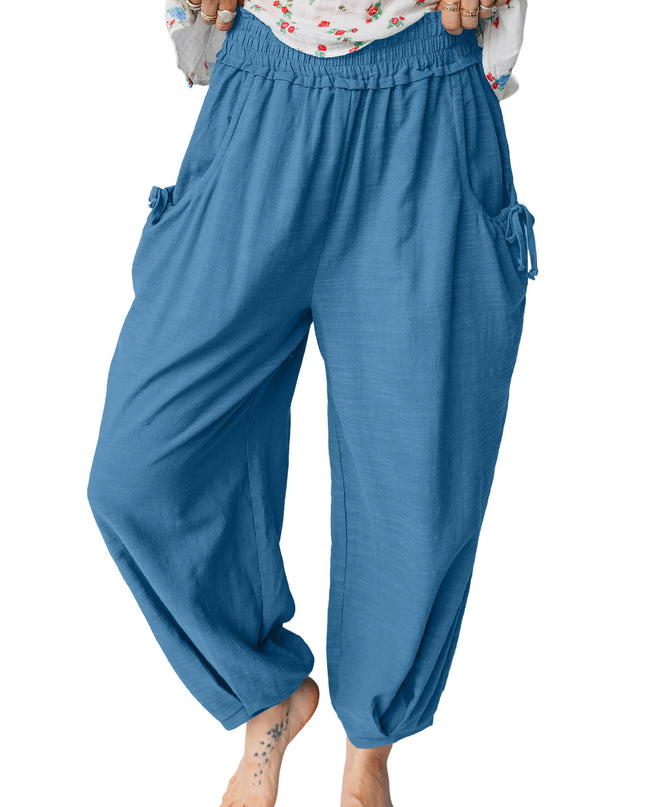 Prussian Blue Smocked Waist Casual Jogger Style Pants
