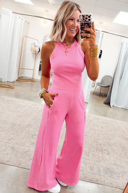 Sachet Pink Slim Ribbed Tank Top and Sweatpants Set
