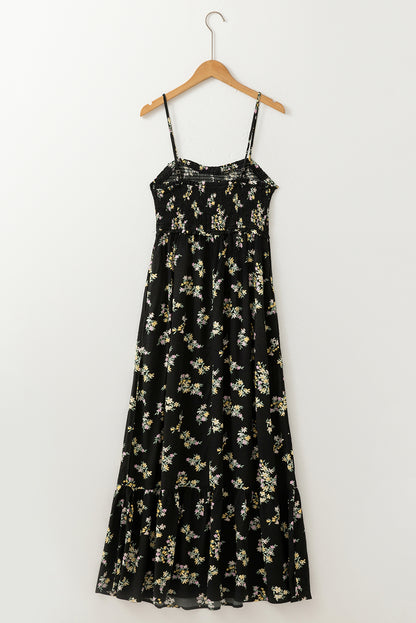 Black Floral Spaghetti Strap Shirred Bodice Tied Empire Waist Maxi Dress