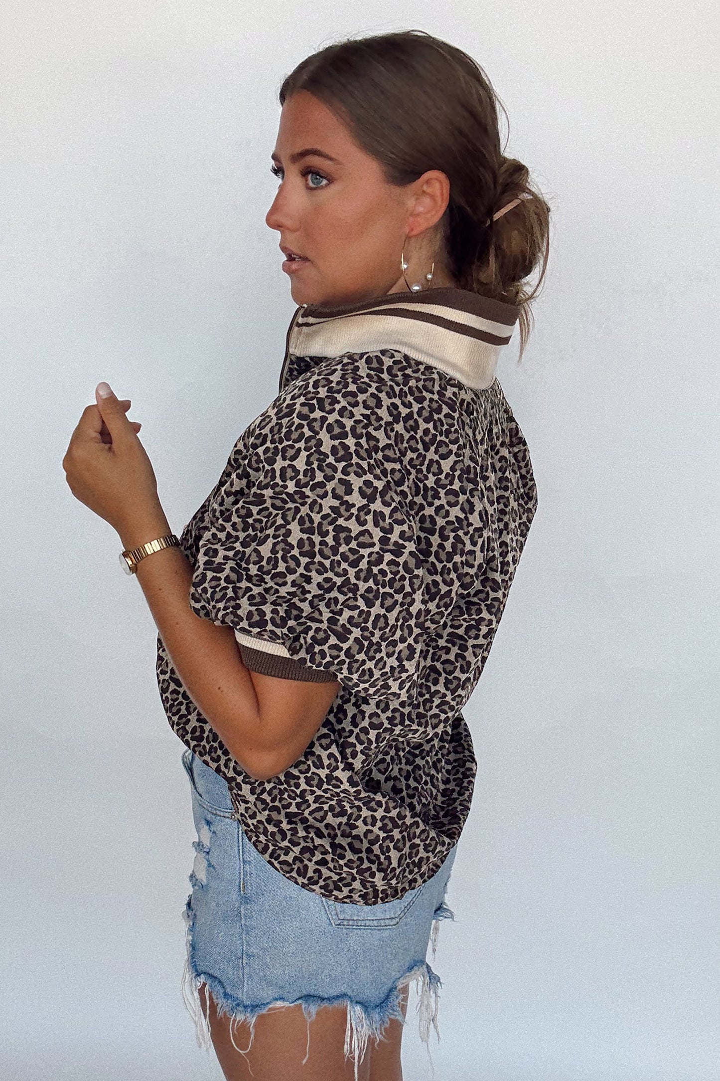 Khaki Leopard Print Half Zip Striped Trim Patchwork Short Sleeve Top