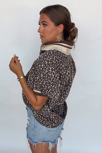 Khaki Leopard Print Half Zip Striped Trim Patchwork Short Sleeve Top
