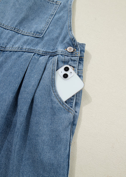 Dusk Blue Pleated Wide Leg Retro Pocketed Denim Jumpsuit