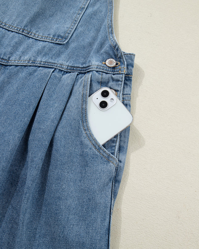 Dusk Blue Pleated Wide Leg Retro Pocketed Denim Jumpsuit