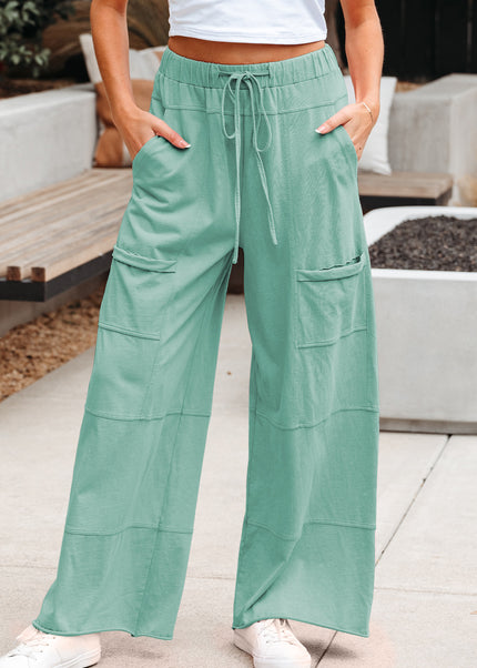 Bonbon Exposed Seam Drawstring Elastic Waistband Wide Leg Cargo Pants