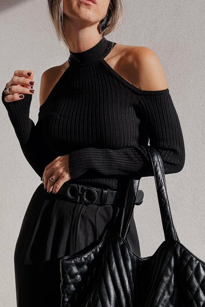 Black Ribbed Knit Cold Shoulder Choker Neck Sweater