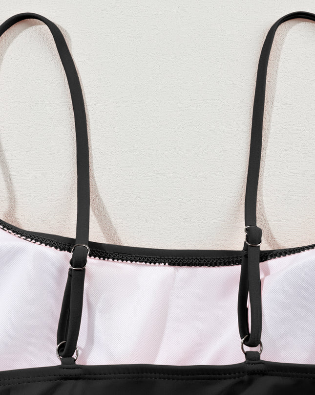 Peach Blossom Striped Patchwork Spaghetti Strap High Waist Bikini Swimsuit