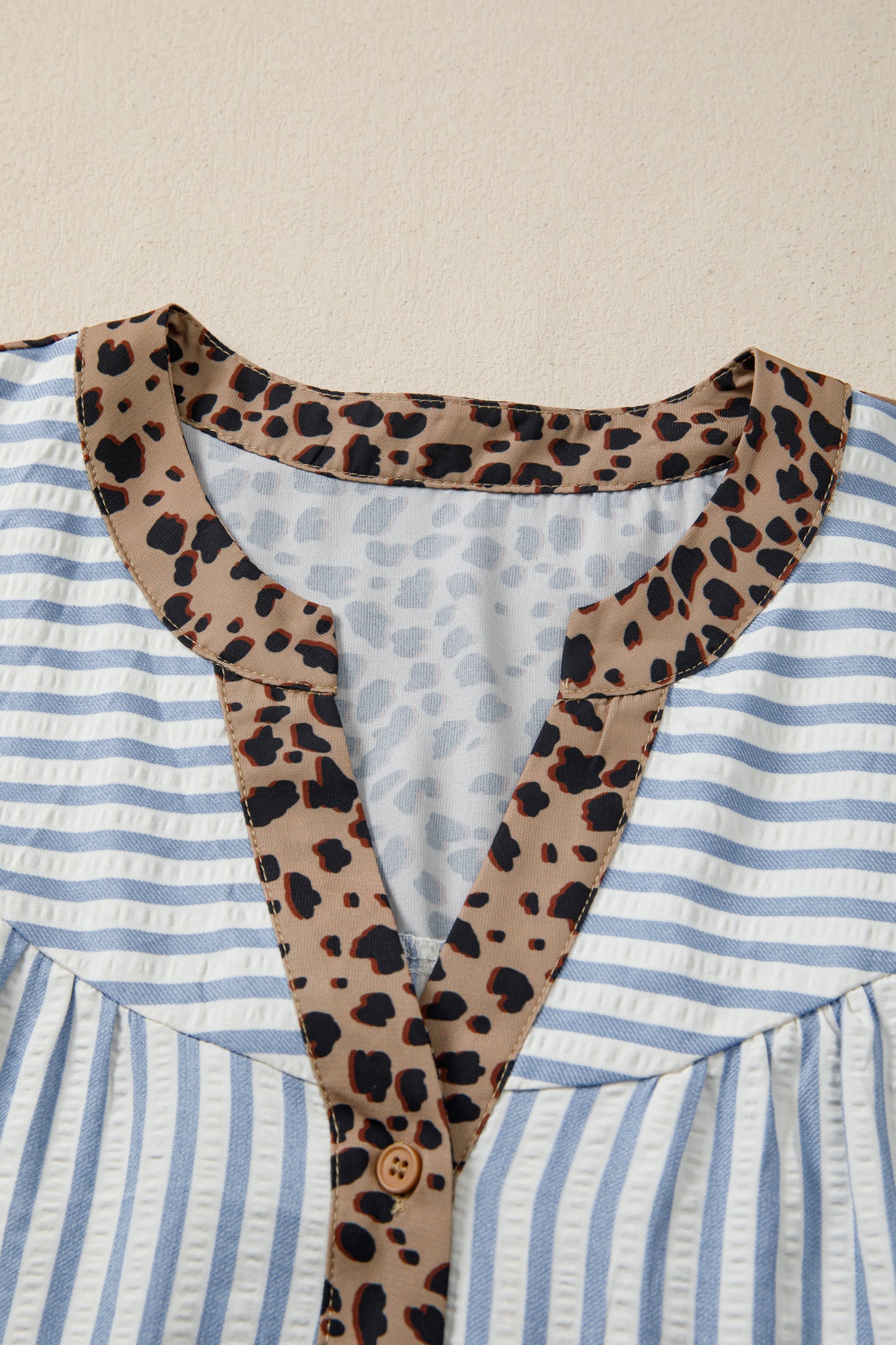 Sky Blue Stripe Leopard Trim V Neck Button Down Half Sleeve Shirt