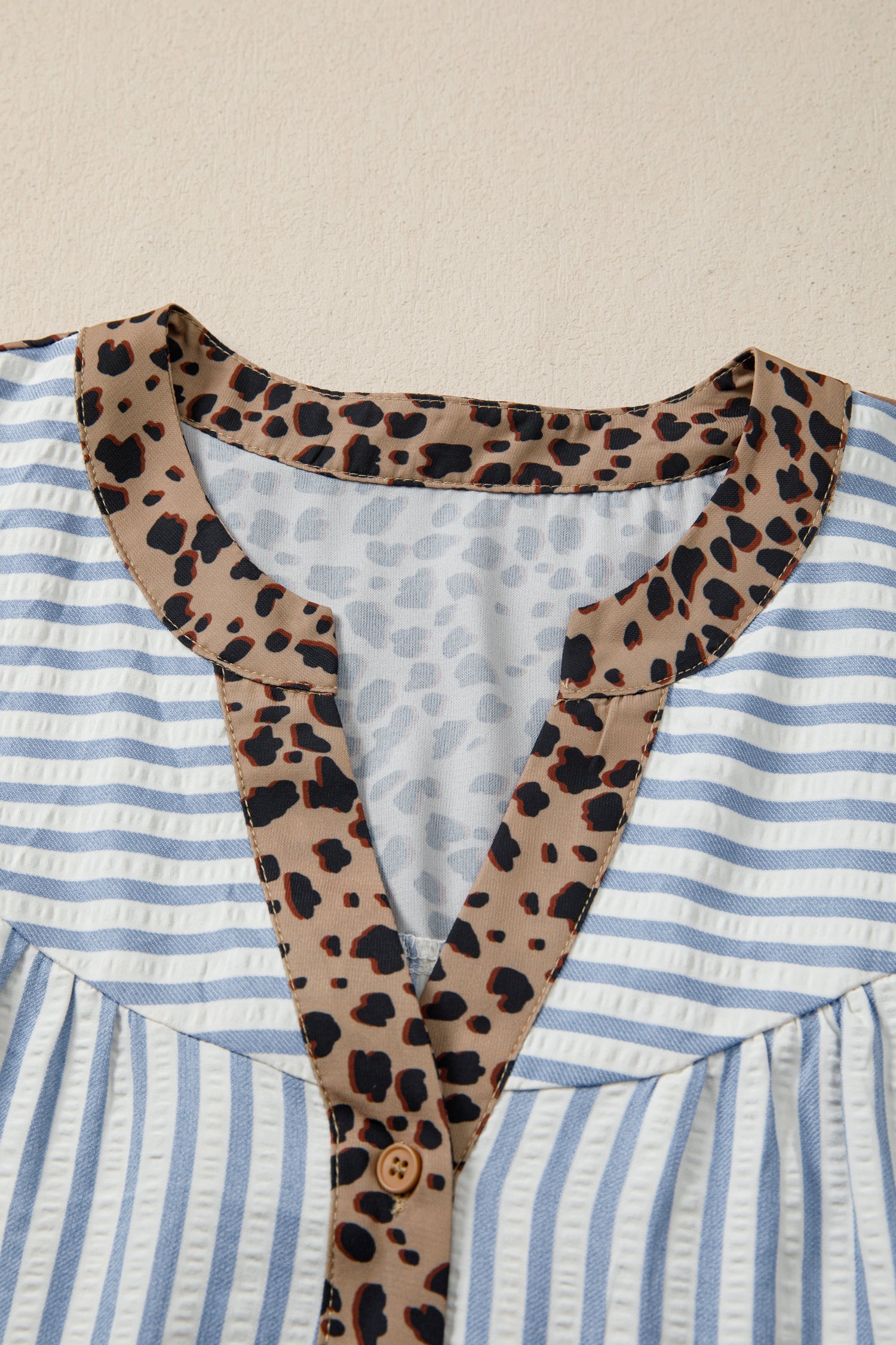 Sky Blue Stripe Leopard Trim V Neck Button Down Half Sleeve Shirt