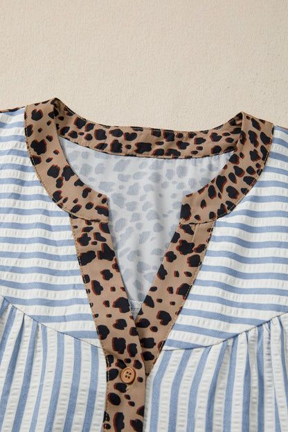 Sky Blue Stripe Leopard Trim V Neck Button Down Half Sleeve Shirt