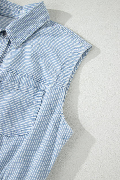 Sky Blue Stripe Collared Button Front Sleeveless Denim Mini Dress