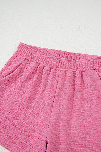 Pink Textured V Neck T Shirt and Shorts Set