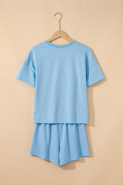 Mint Green V Neck Drop Shoulder Tee and Patchwork Drawstring Shorts Set