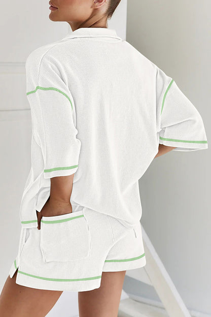 Pink Breathable Waffle Color Block Trim 2pcs Casual Short Set