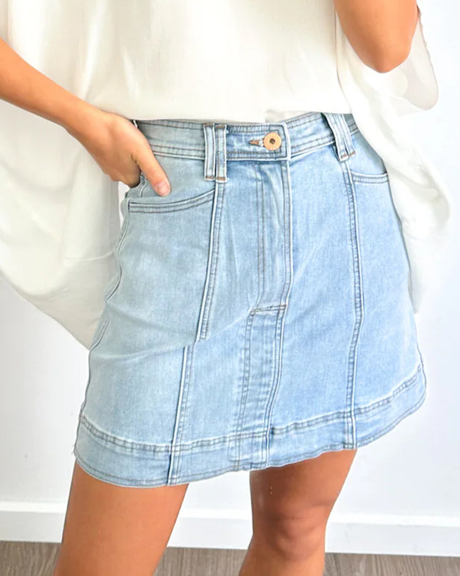 Beau Blue Exposed Seam Detail A-line Denim Mini Skirt with Pockets
