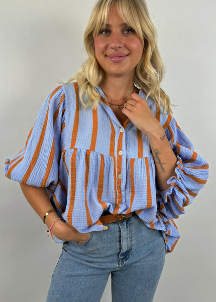 Orange Stripe Crinckled Ruffled Sleeve Button up Loose Shirt