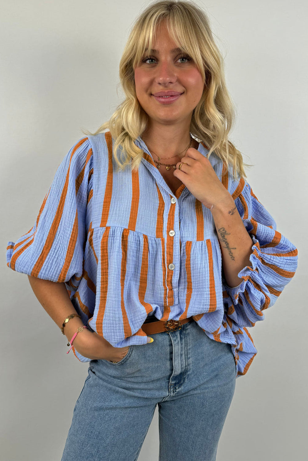 Orange Stripe Crinckled Ruffled Sleeve Button up Loose Shirt