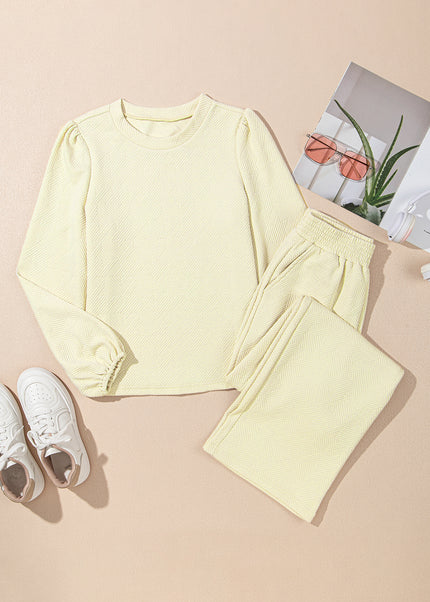 Rose Red Textured Puff Sleeve Top and Pants Set