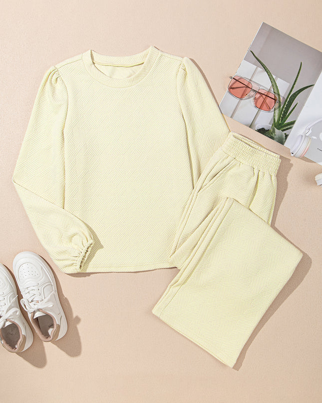 Rose Red Textured Puff Sleeve Top and Pants Set