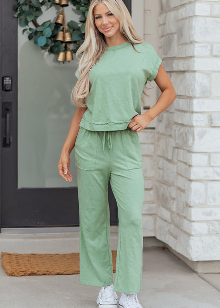 Canton Cuffed Short Sleeve Tee Raw Seam Patch Pocket Drawstring Pants Set