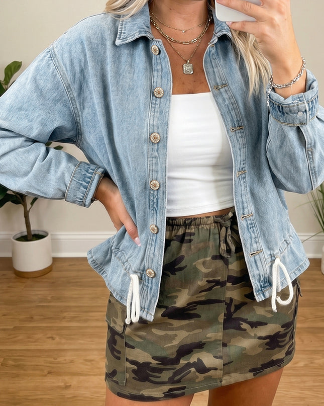 Beau Blue Draw-cord Hem Light Wash Denim Jacket
