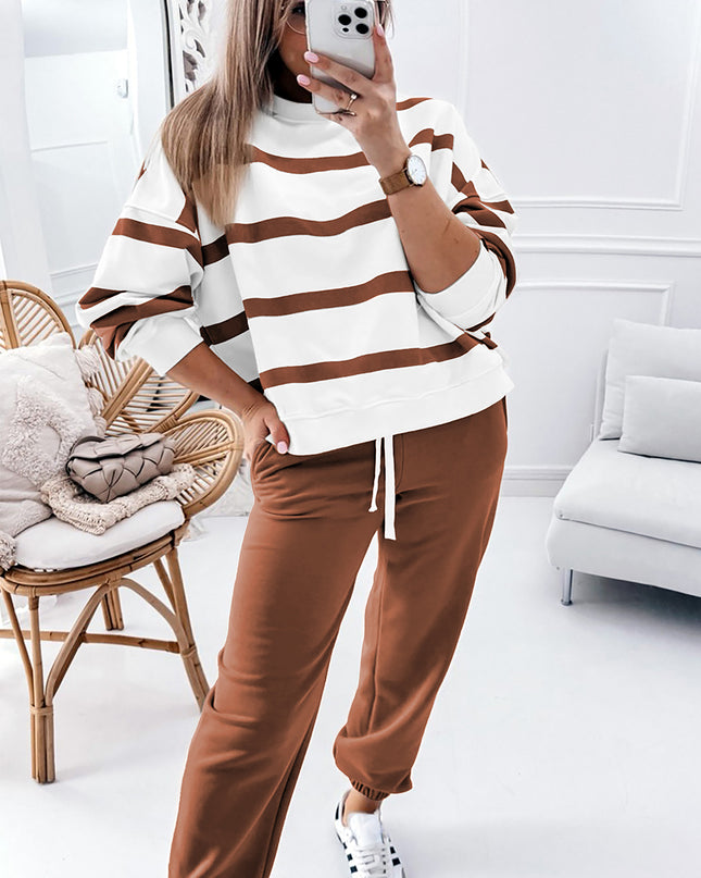 Brown Stripe Striped Drop Shoulder Pullover and Jogger Pants Set